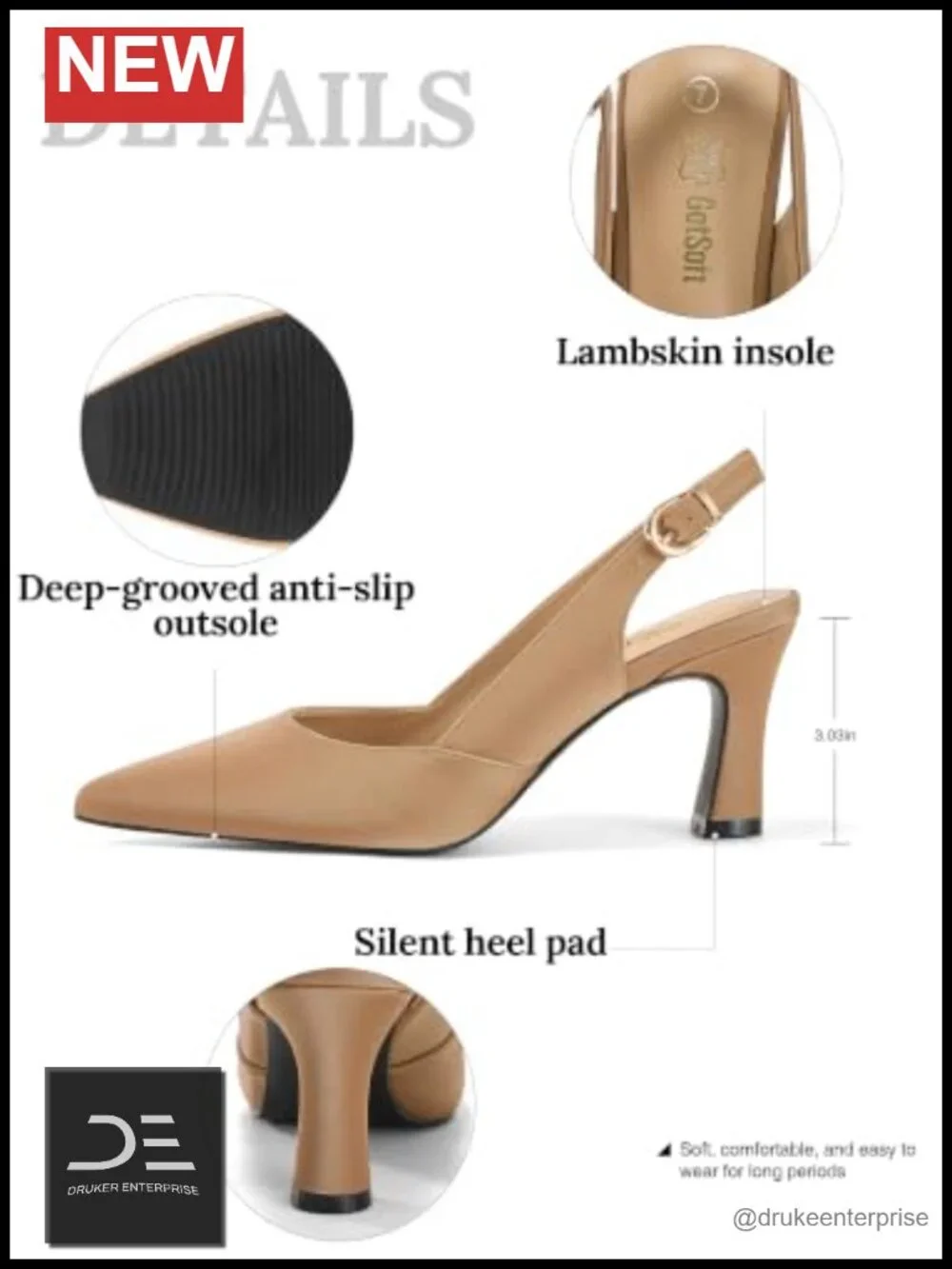 Women's Lambskin Insole Slingback Pointed Toe Block Heels Pumps